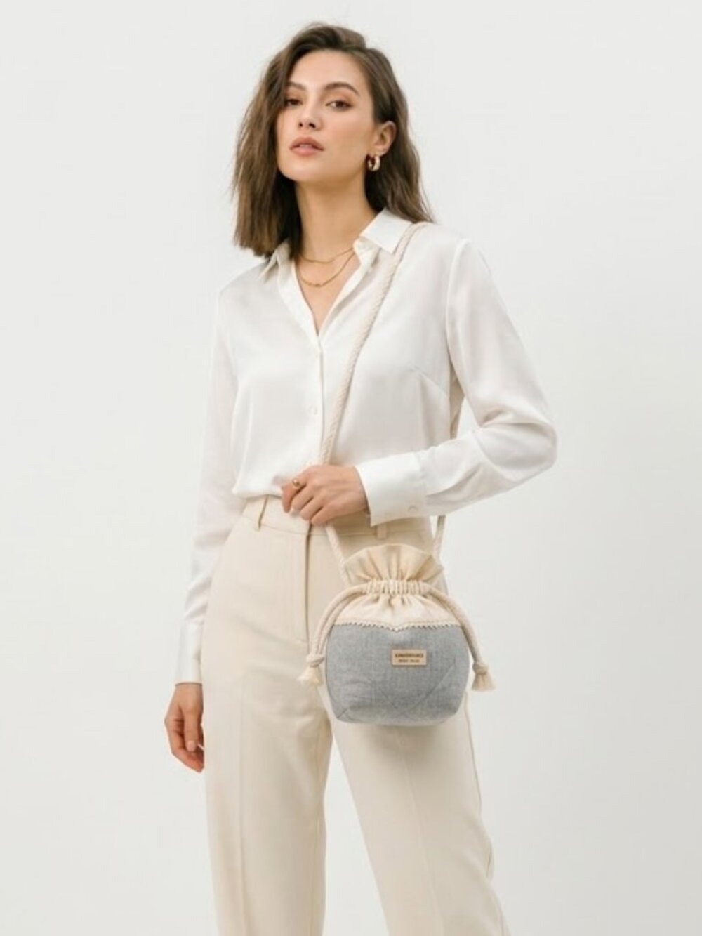 Sylvie Thiriez Creations Two‑Tone Drawstring Tote Bag Rope Pull Grey Beige OS - Picture 1 of 15
